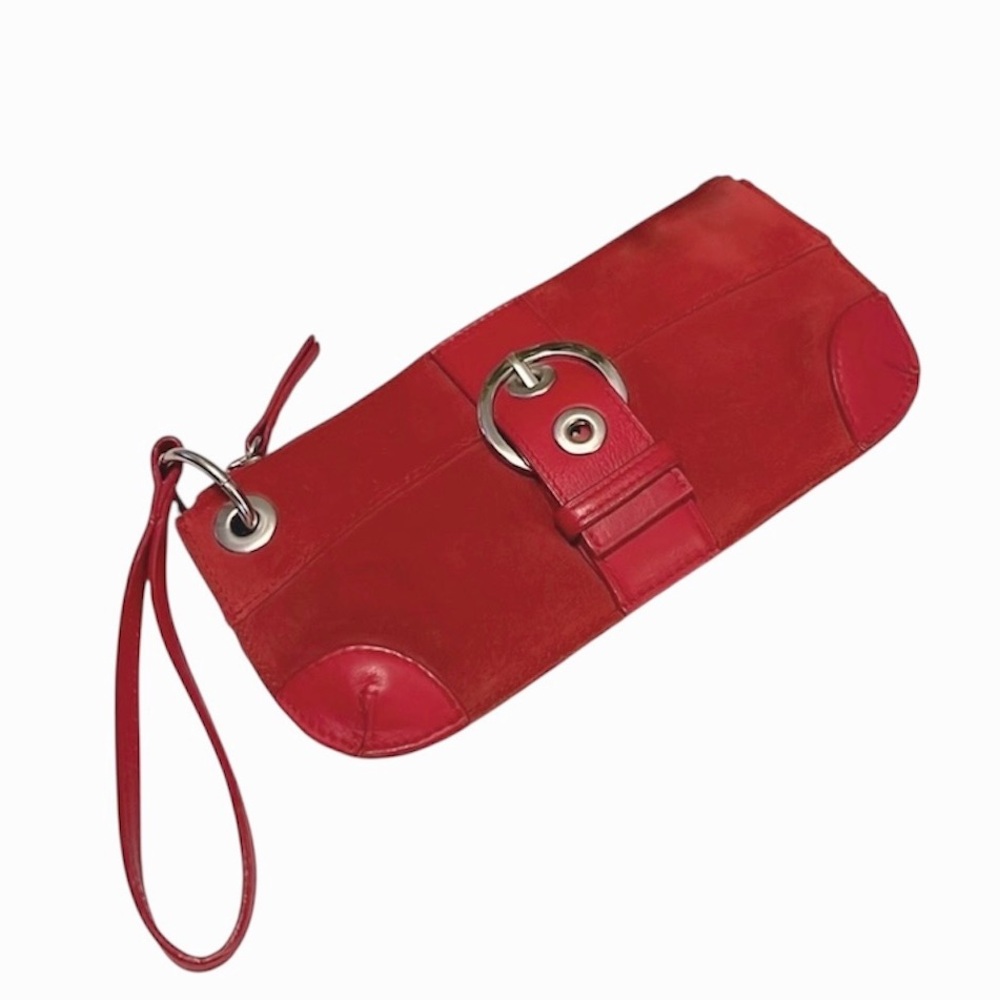 Suede Leather Cherry Red Wristlet Zipper Clutch Pouch Bag Purse